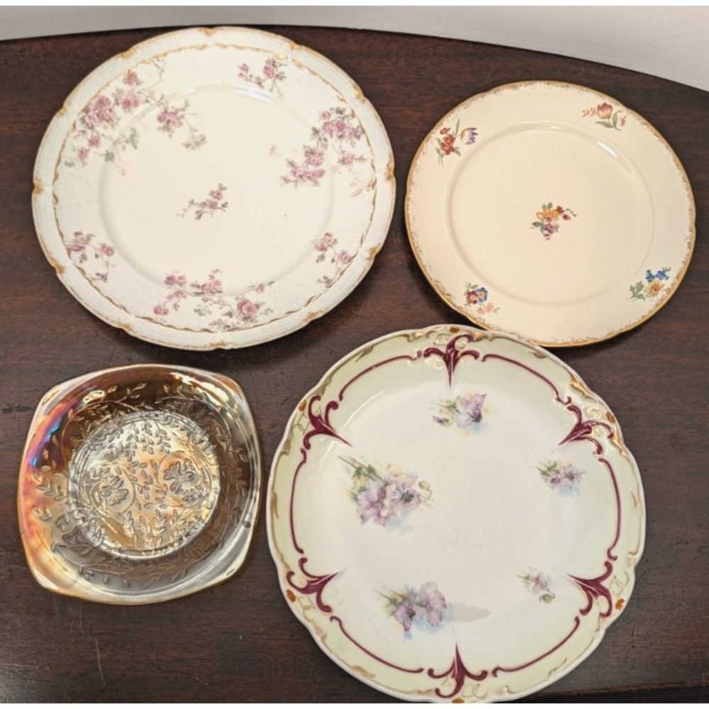 Vintage Antique Floral China Plates Lot 4 Limoges France Germany Carnival Glass